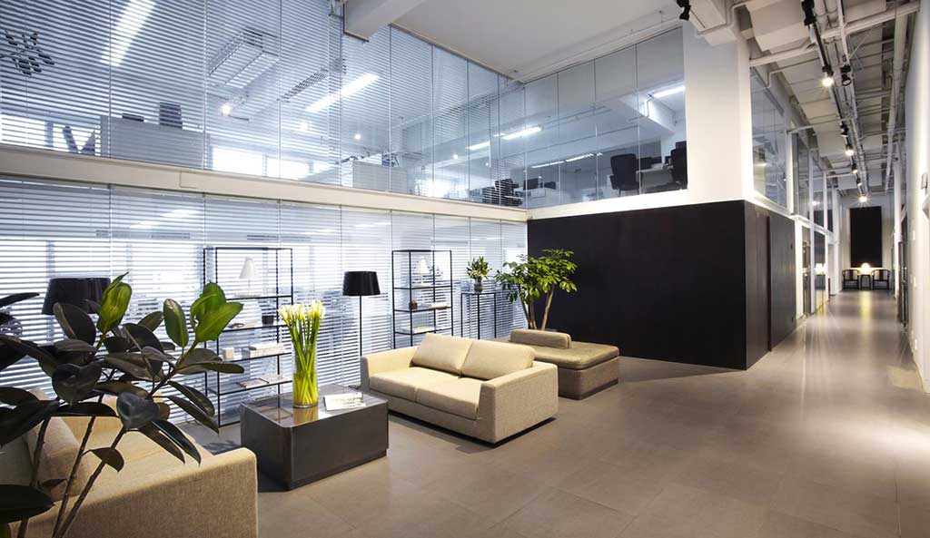 Modern office with sofas next to tables that have plants placed on them