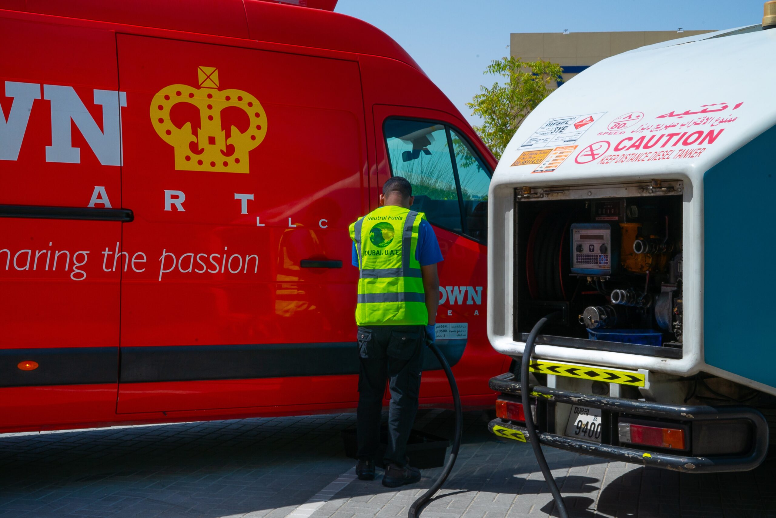 Neutral Fuels Employee, fuelling a Crown Truck, Dubai, UAE